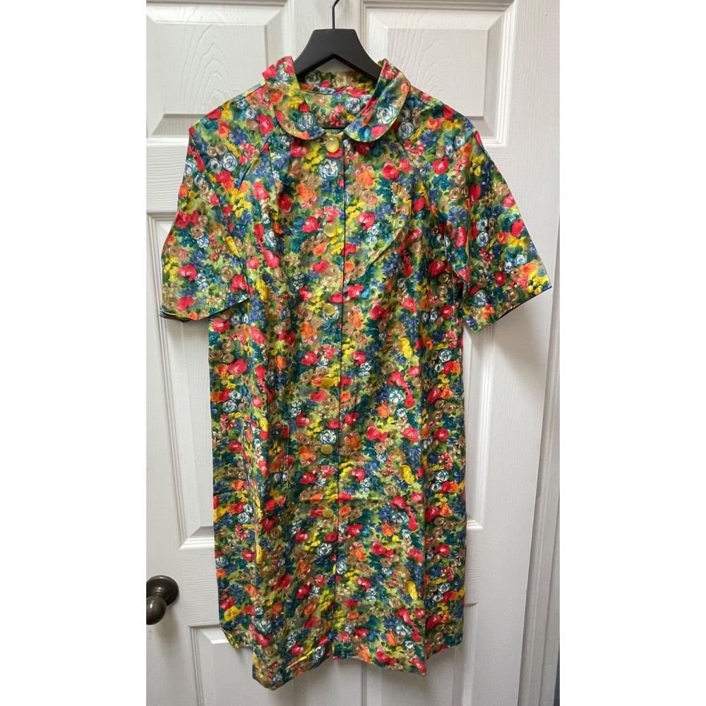 Vintage 1960s Floral House Dress Shift Smock Peter Pan Collar Singe Pocket Large
